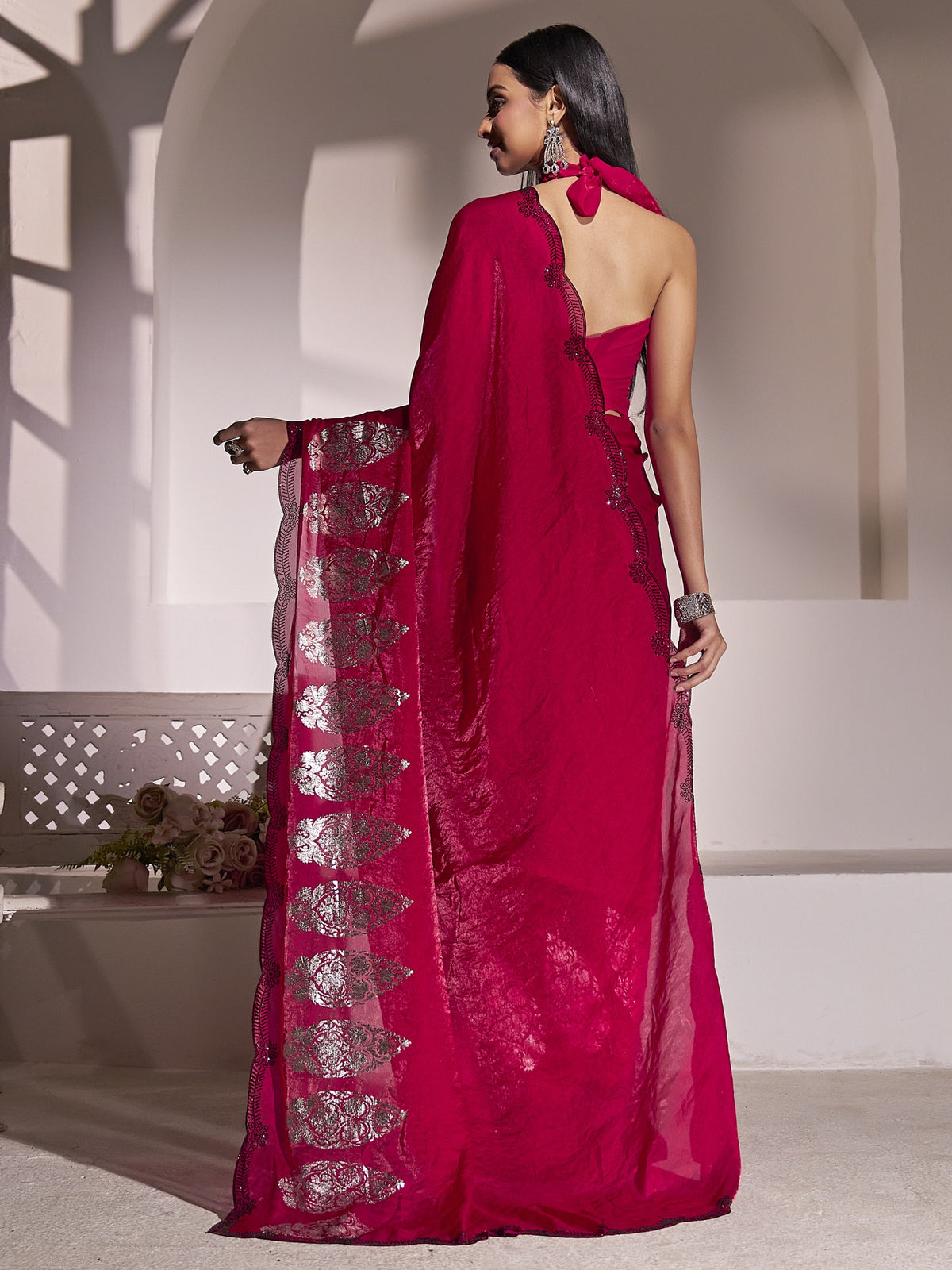 Pink satin silk saree view 2