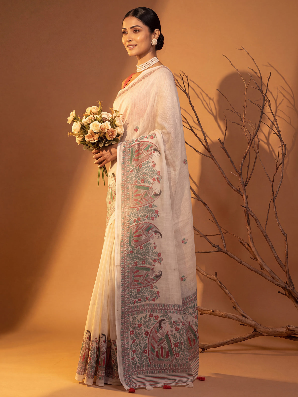 Off White Cotton Linen saree – detail view 2