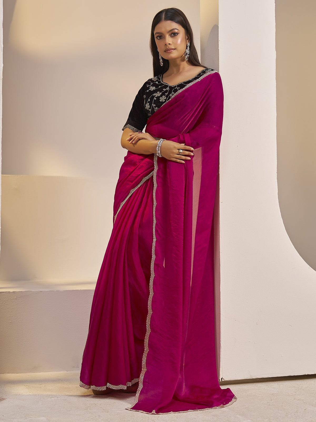 Magenta satin silk saree view 1