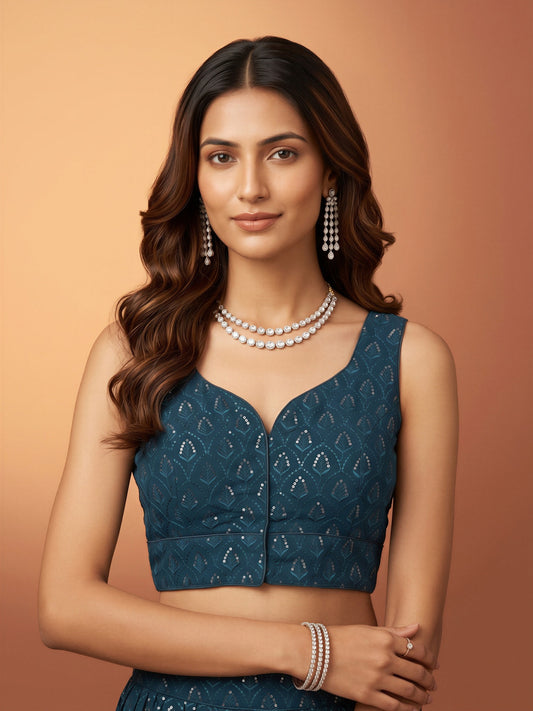 Teal Blue sequin embroidered georgette sleeveless readymade saree blouse with sweetheart neck