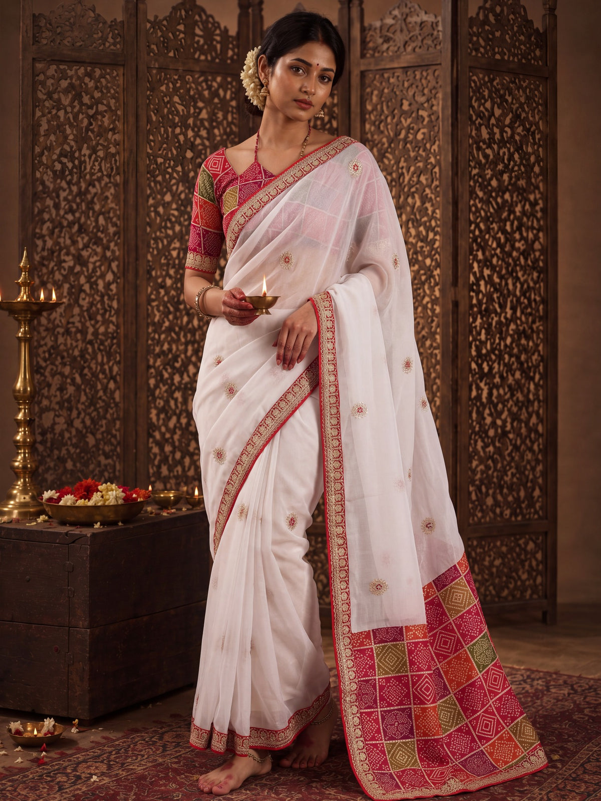 Woman wearing white viscose saree with ornamented surface design and red blouse