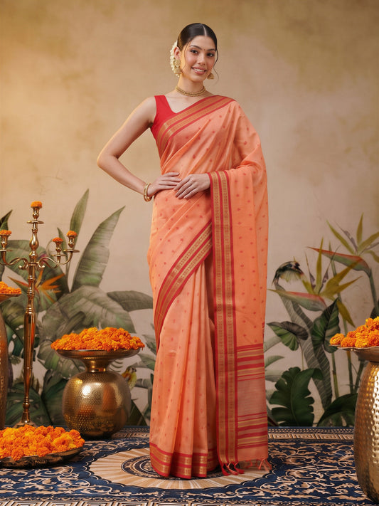 Peach woven design cotton blend saree with orange blouse piece