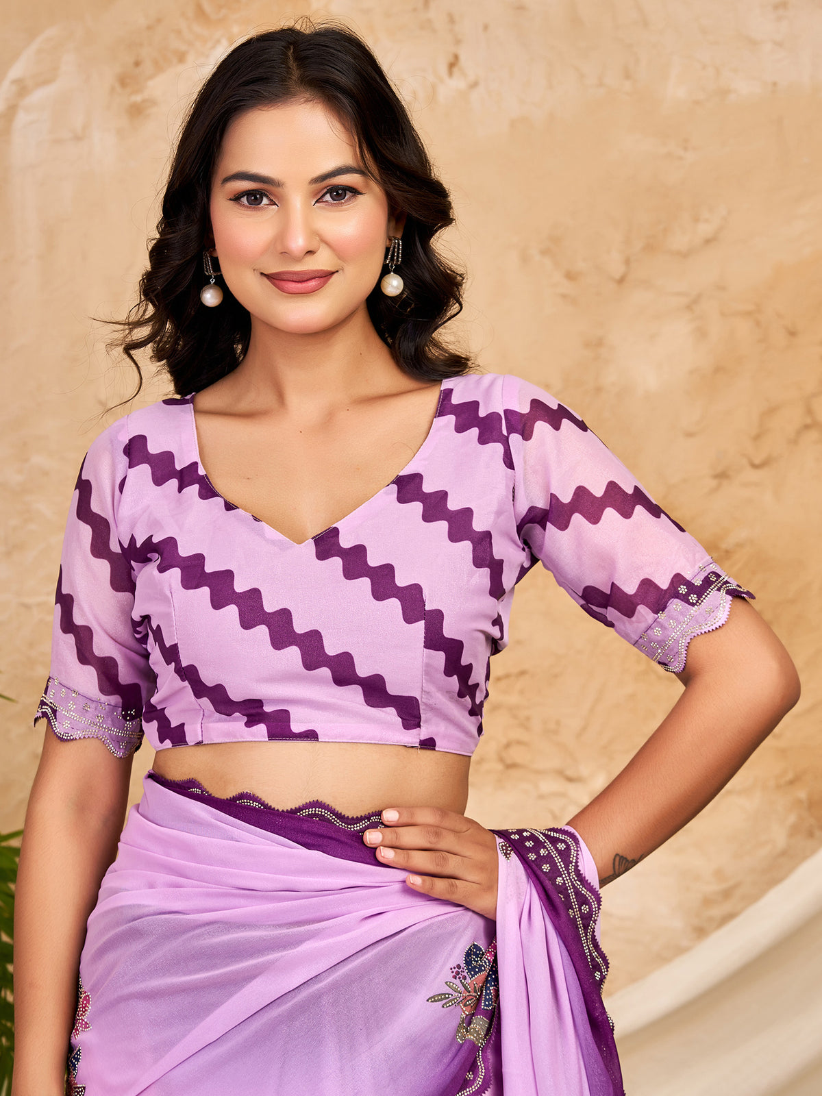 Unstitched lavender georgette blouse piece with geometric design