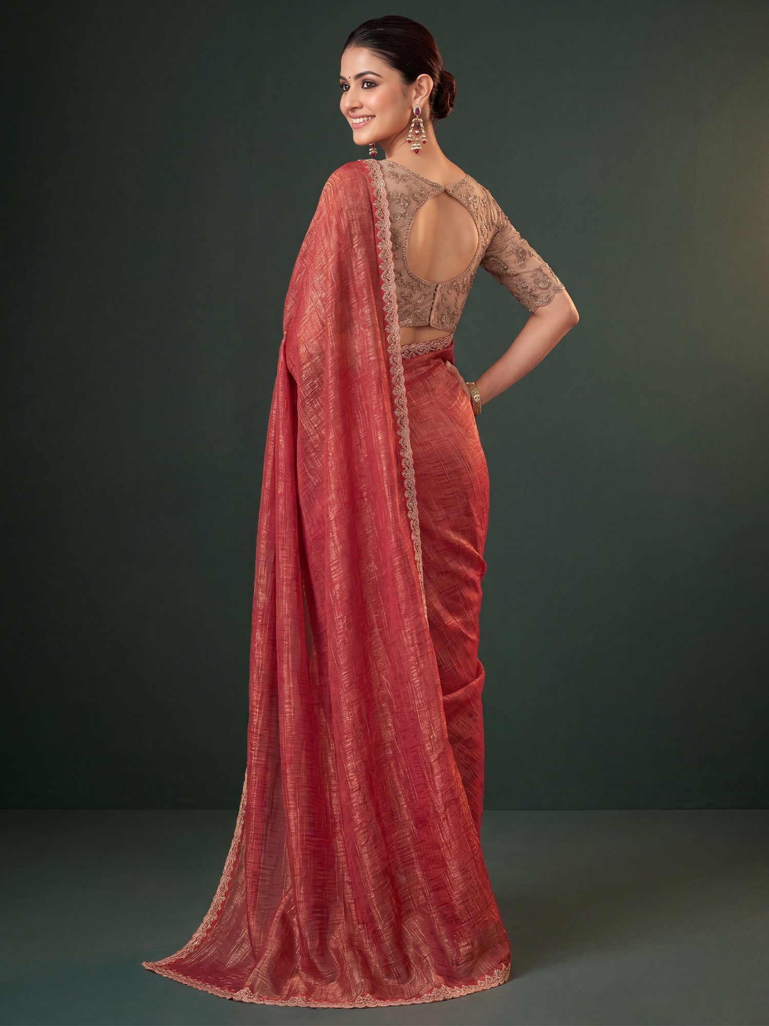 Rust Georgette saree – detail view 1