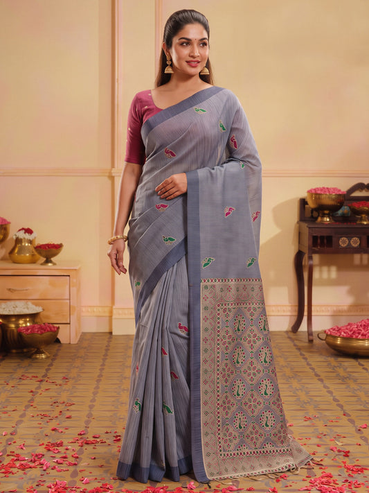 Grey Melange woven design silk blend saree with magenta blouse piece