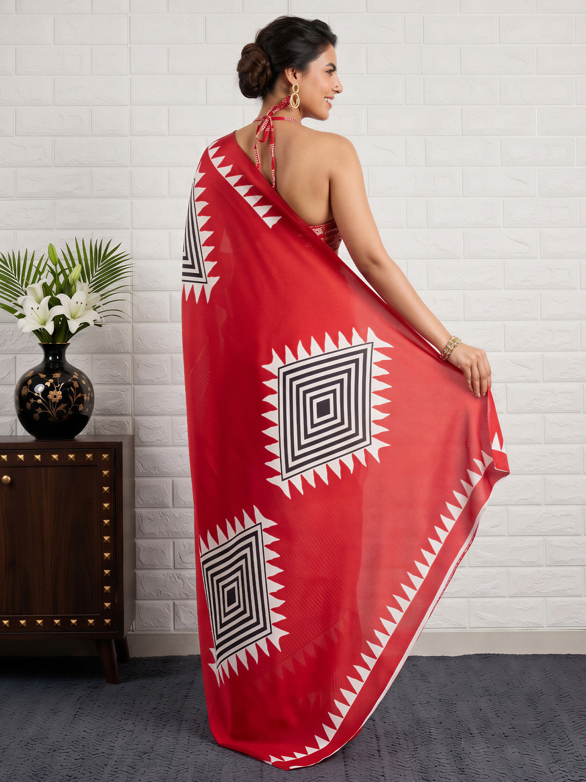 Red Satin Silk saree – detail view 1