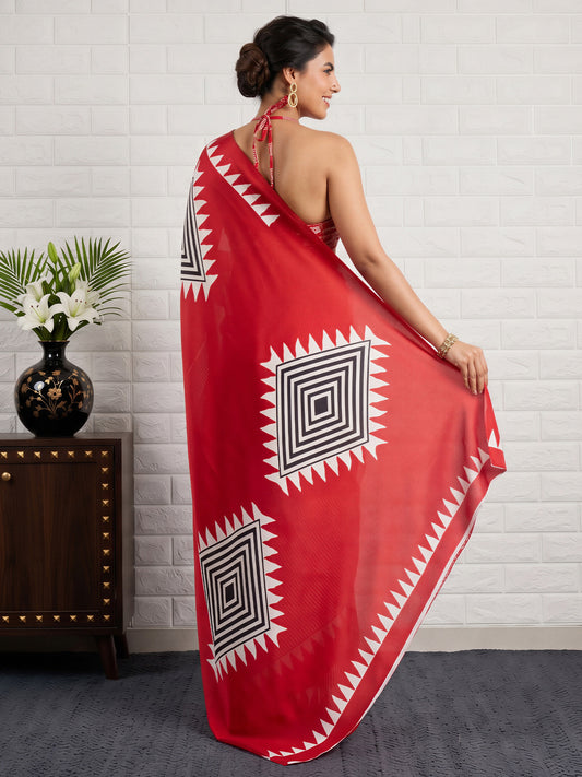 Red Satin Silk saree – detail view 1