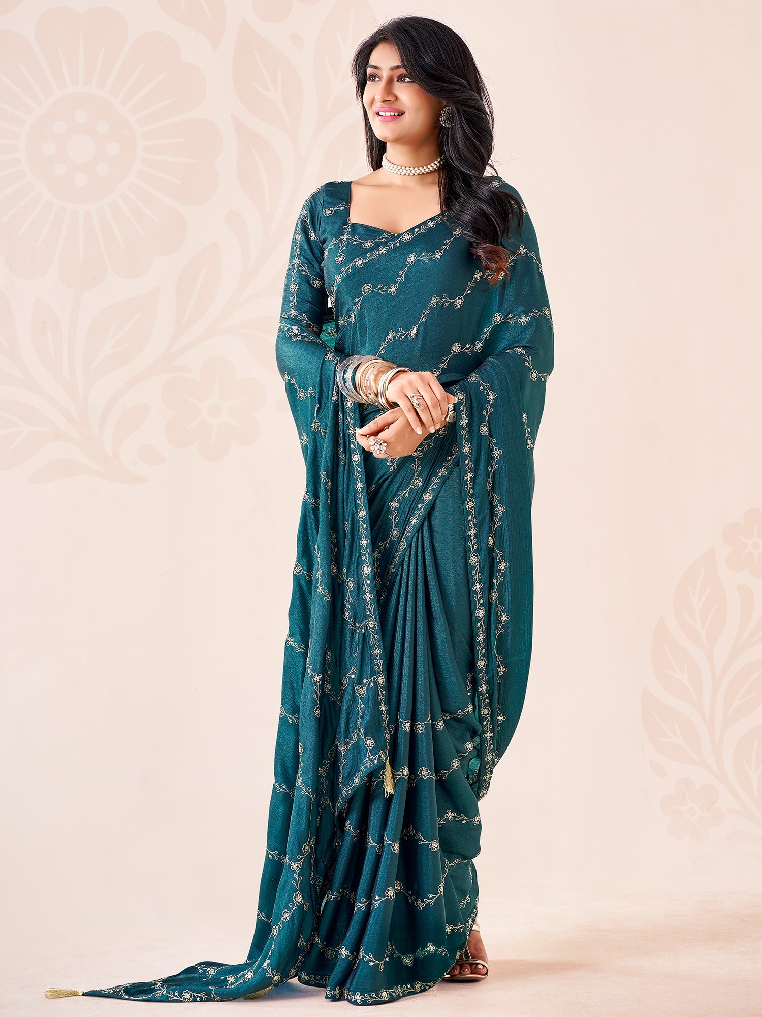 Teal Blue Chiffon saree – detail view 1