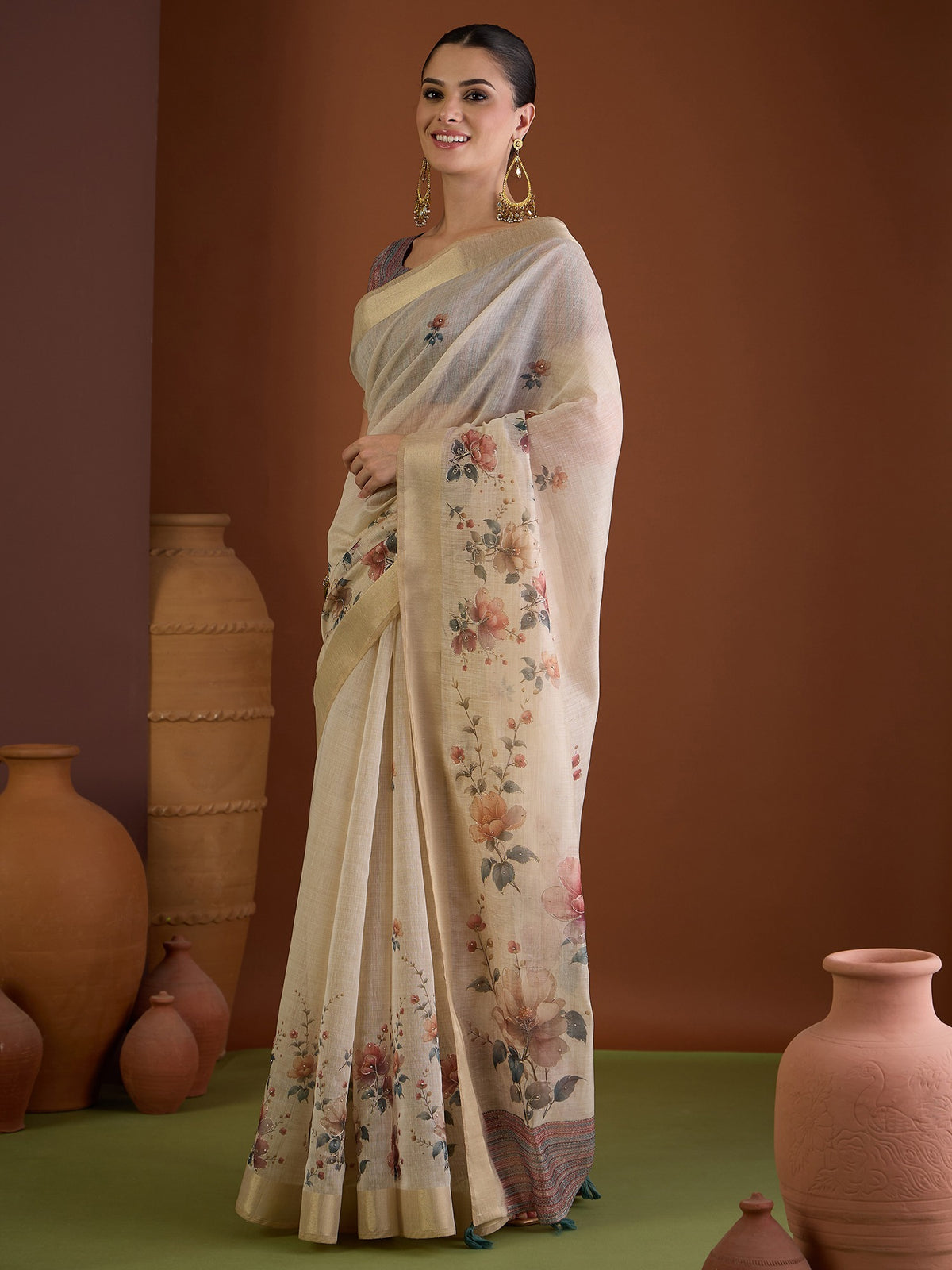 Beige linen blend saree view 3