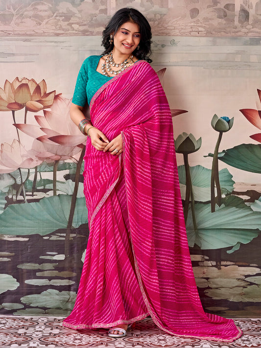 Woman wearing pink georgette saree with leheriya design and turquoise blouse