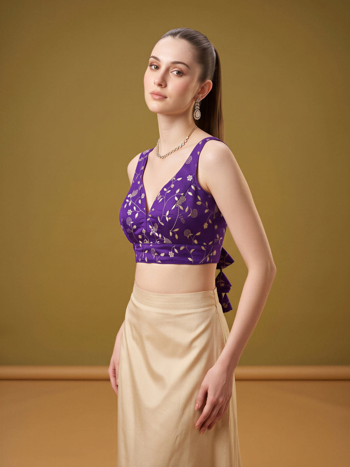 Violet sequin embellished silk blend sleeveless readymade saree blouse with v neck view 3