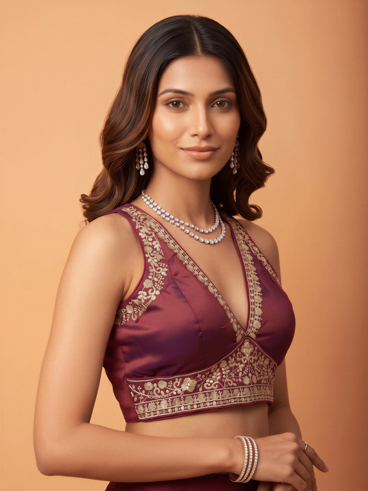 Maroon sequin embellished silk blend sleeveless readymade saree blouse with deep v neck view 2