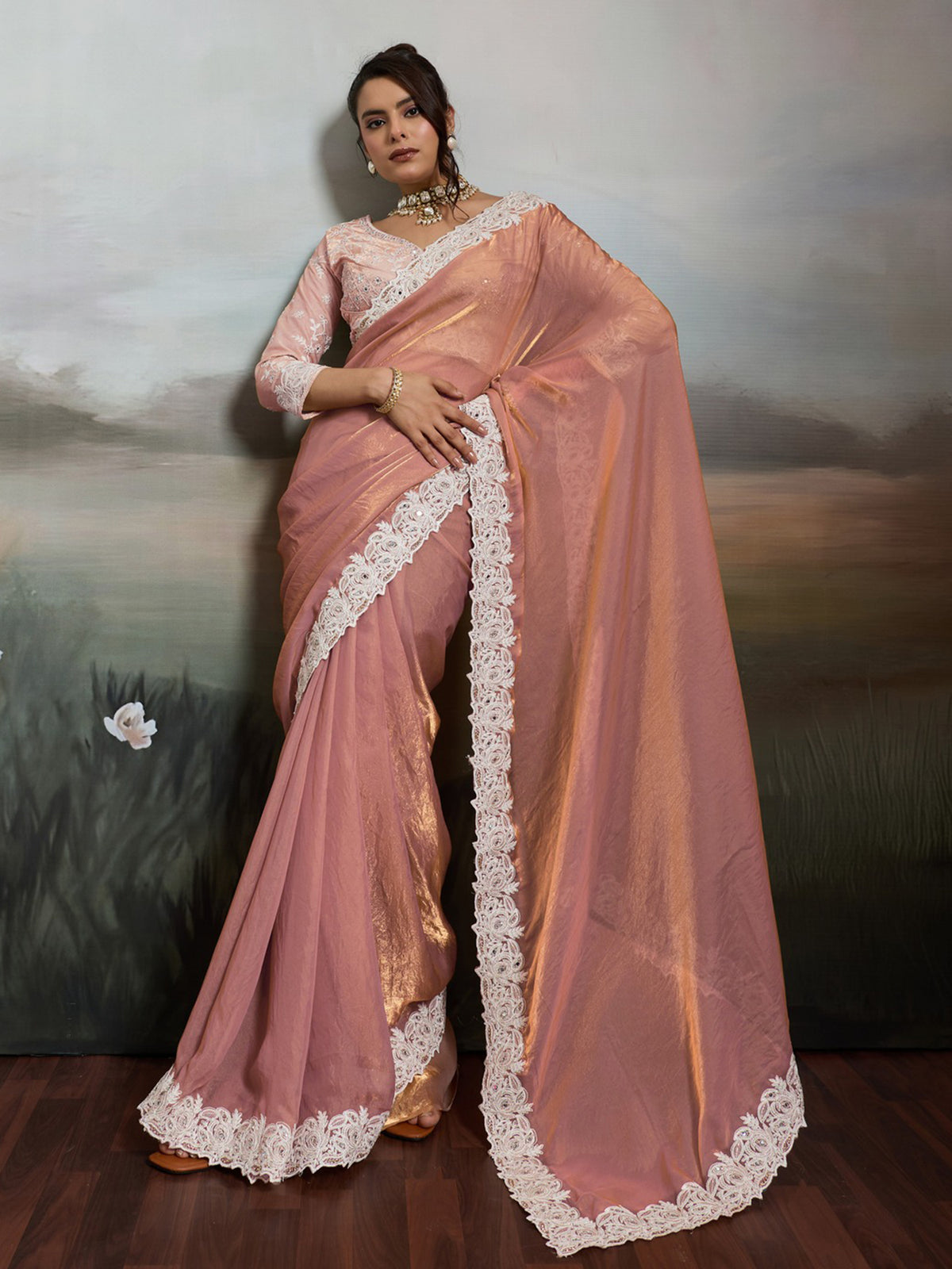 Peach Satin Silk saree – detail view 3