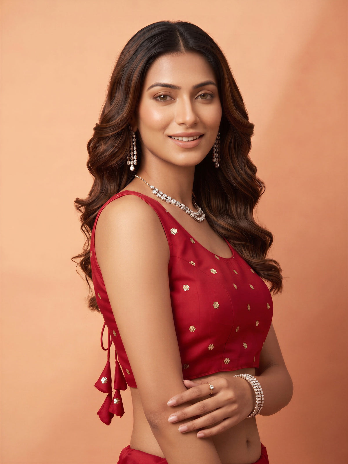 Red sequin embellished chinnon sleeveless readymade saree blouse with round neck view 3
