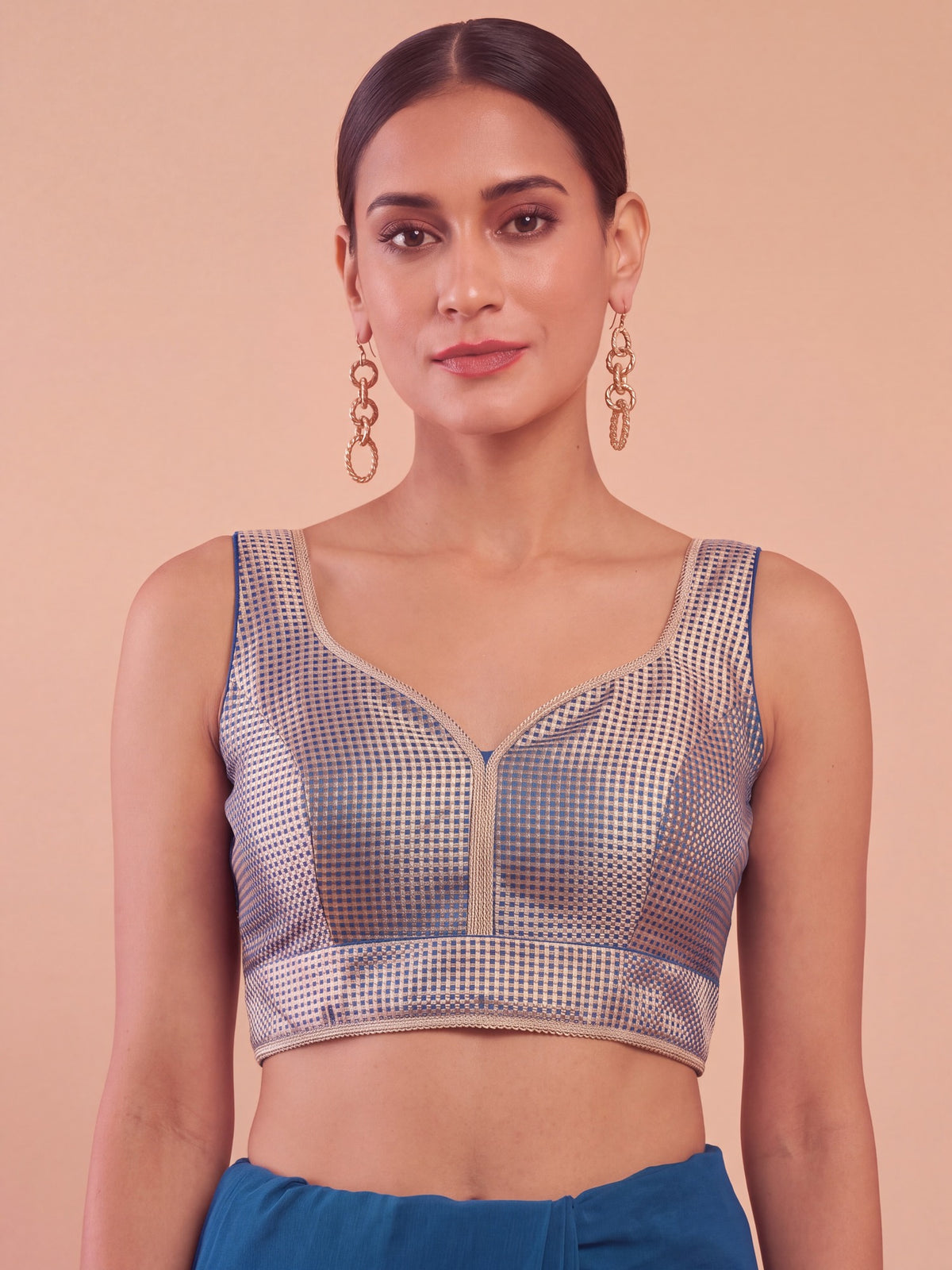 Teal Blue woven metallic jacquard sleeveless readymade saree blouse with sweetheart neck view 2