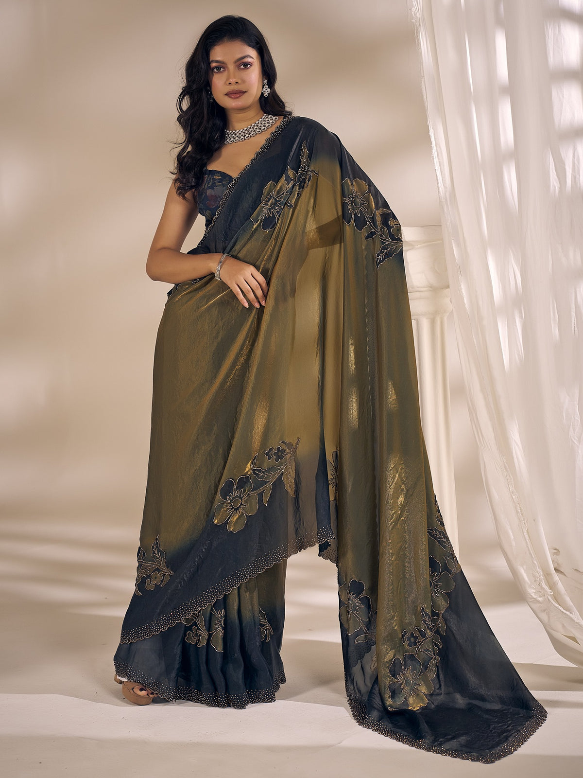 Olive satin silk saree view 3