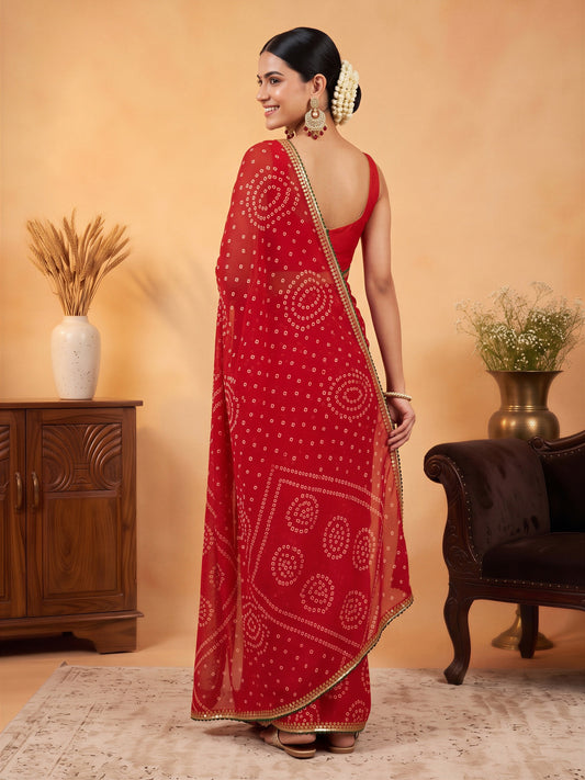 Red Georgette saree – detail view 1