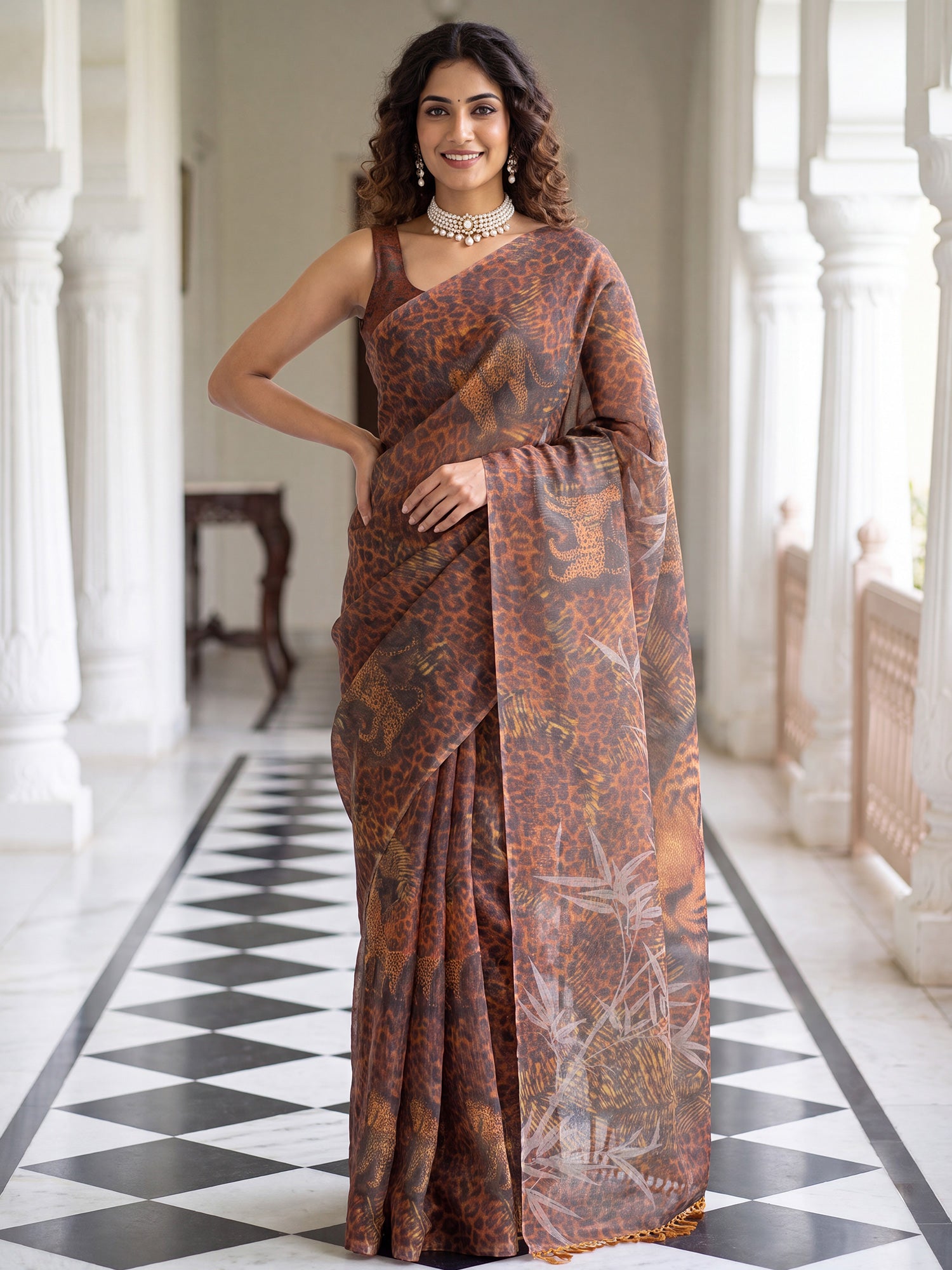 Woman wearing brown cotton silk saree with leopard design and brown blouse