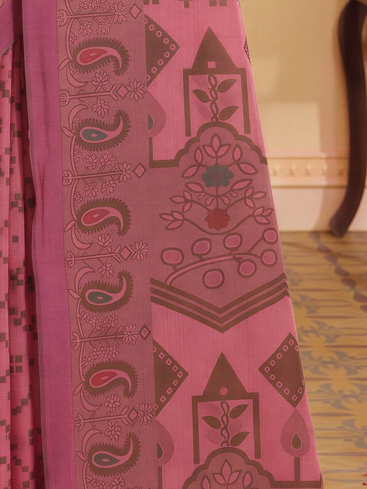 Pallu detail of pink silk blend saree showing woven motif design and woven design border