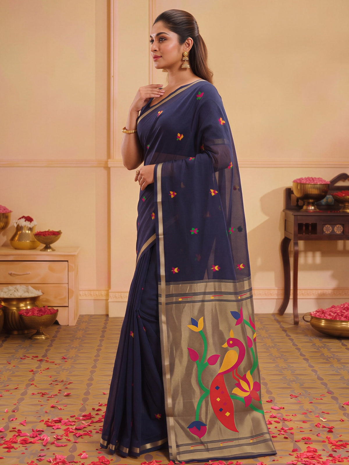 Navy Blue silk blend saree view 2