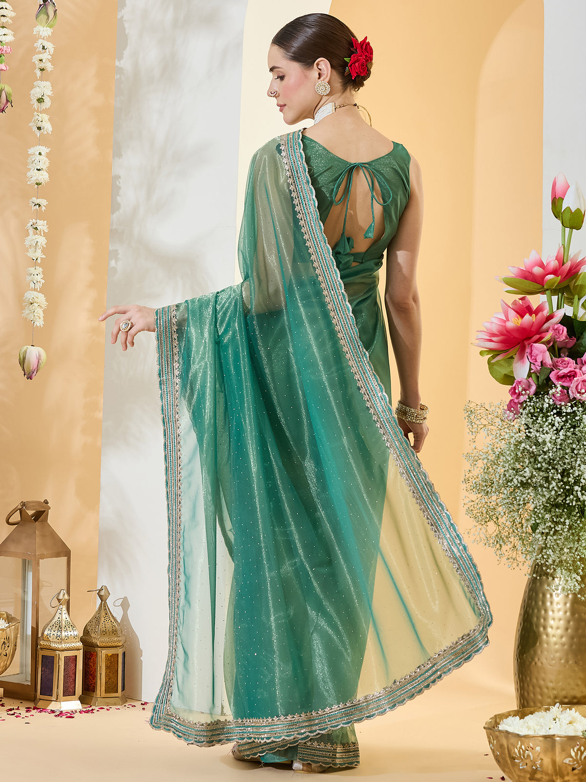 Teal Green Net saree – detail view 1