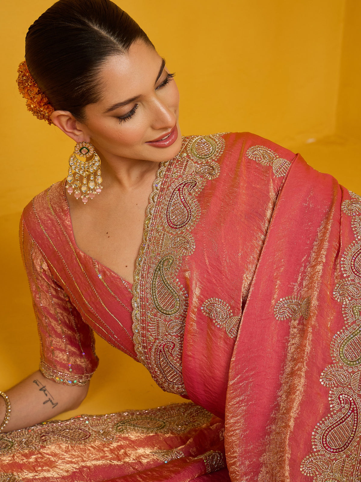 Peach Satin Silk saree – detail view 3