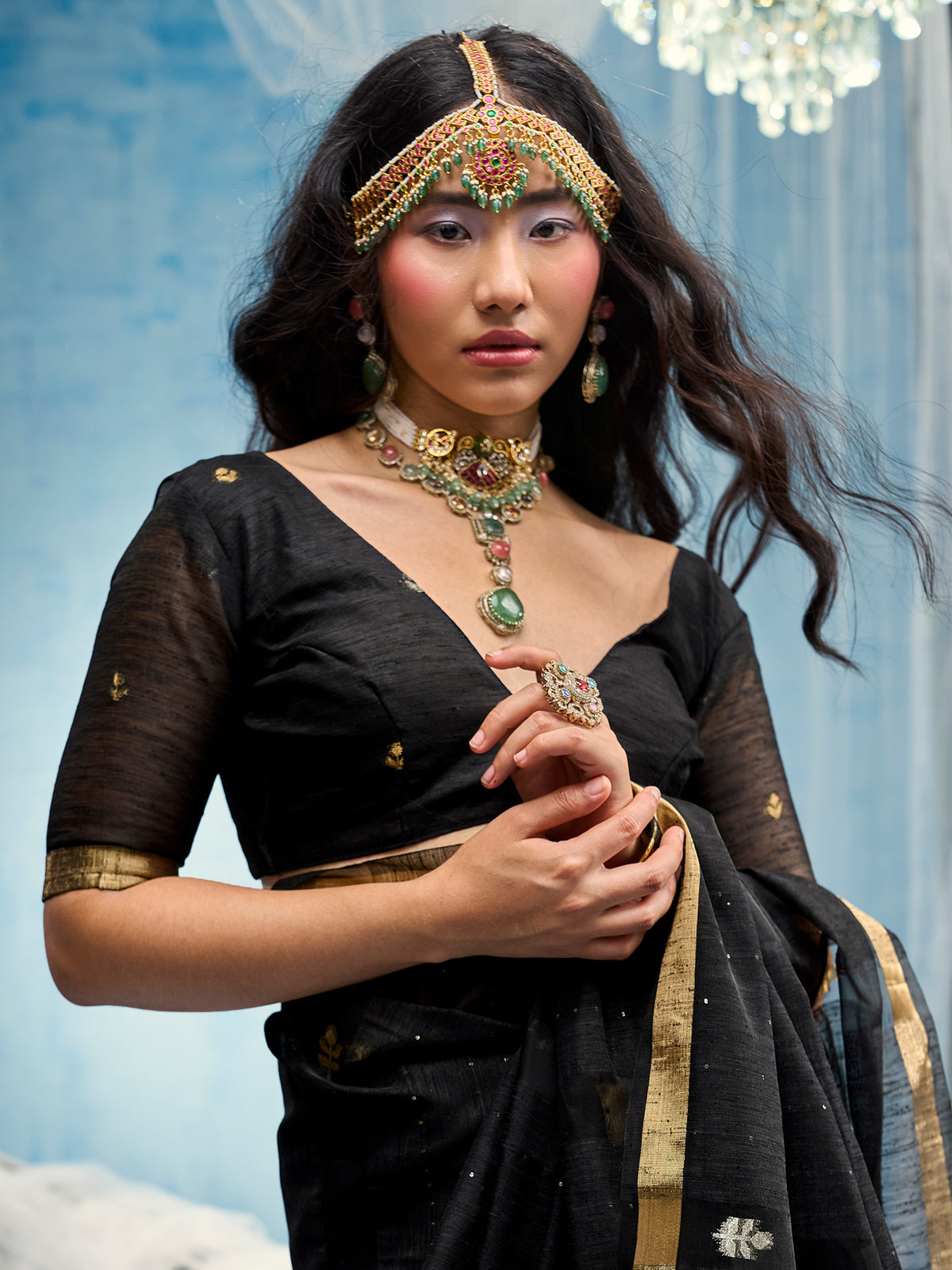 Unstitched black muga silk blouse piece with zari butta design