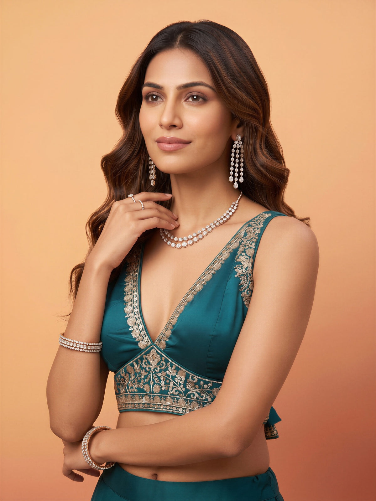 Teal Blue sequin embellished silk blend sleeveless readymade saree blouse with deep v neck view 3