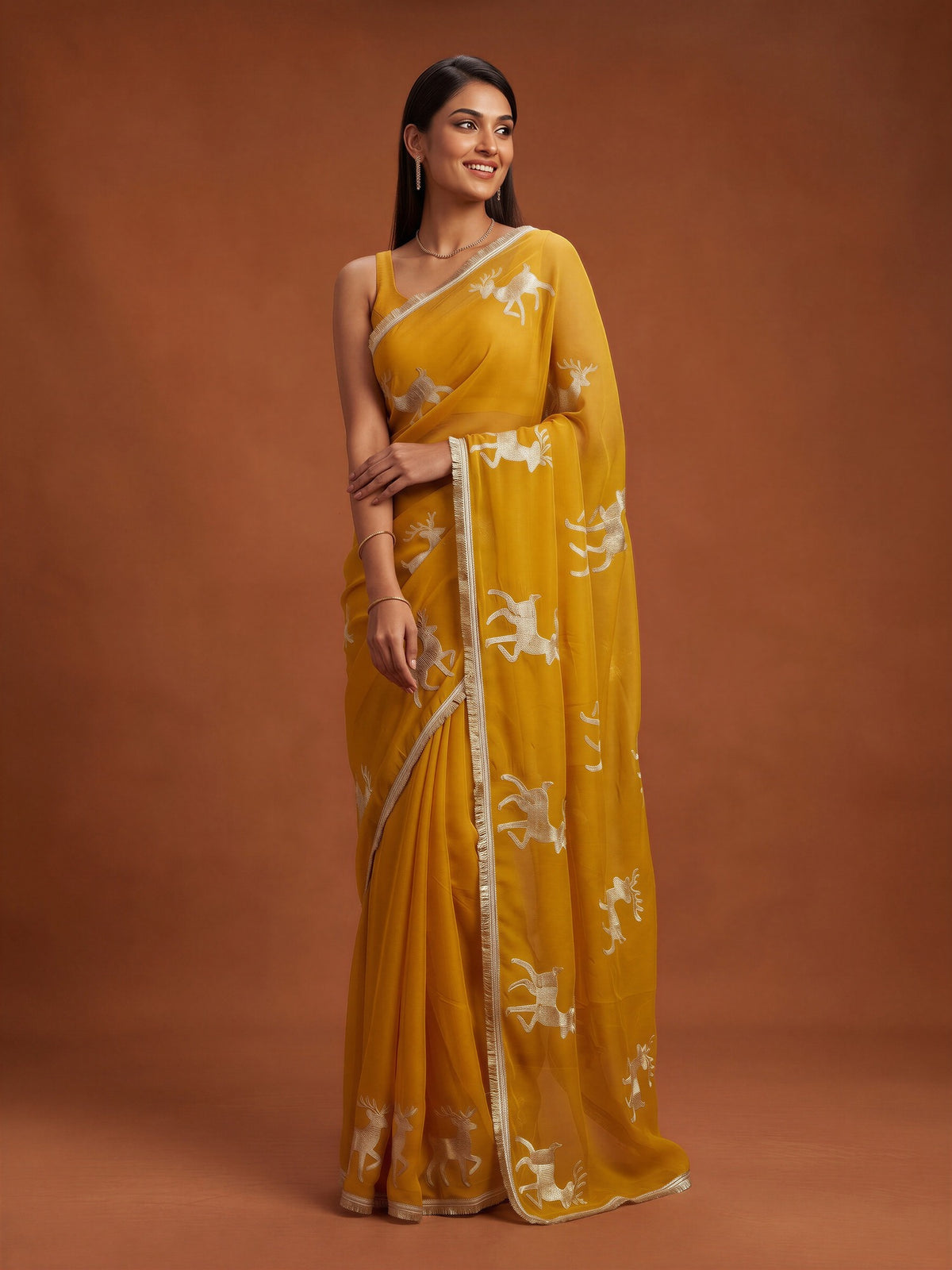 Mustard Georgette saree – detail view 3