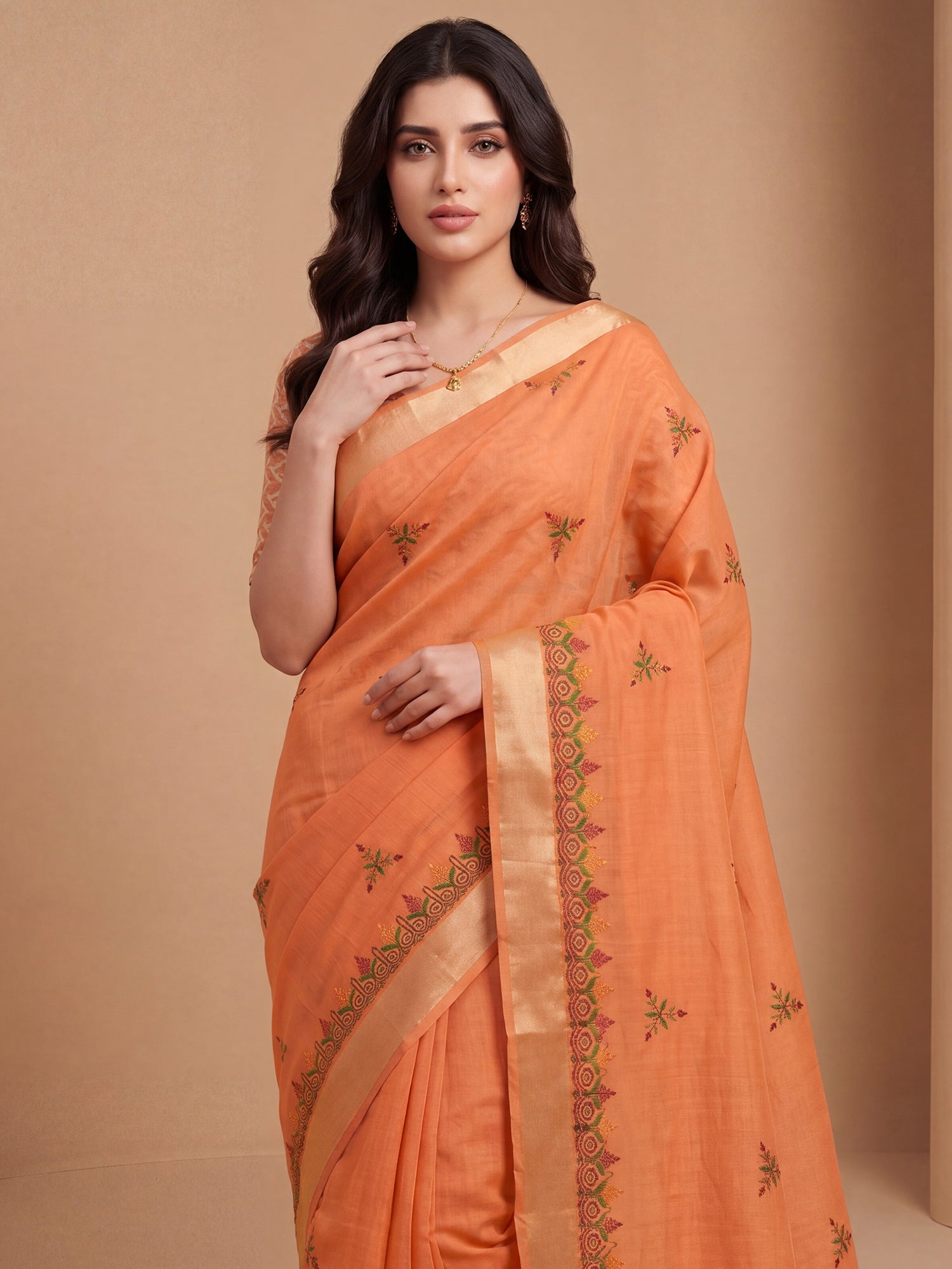 Orange Cotton Linen saree – detail view 4