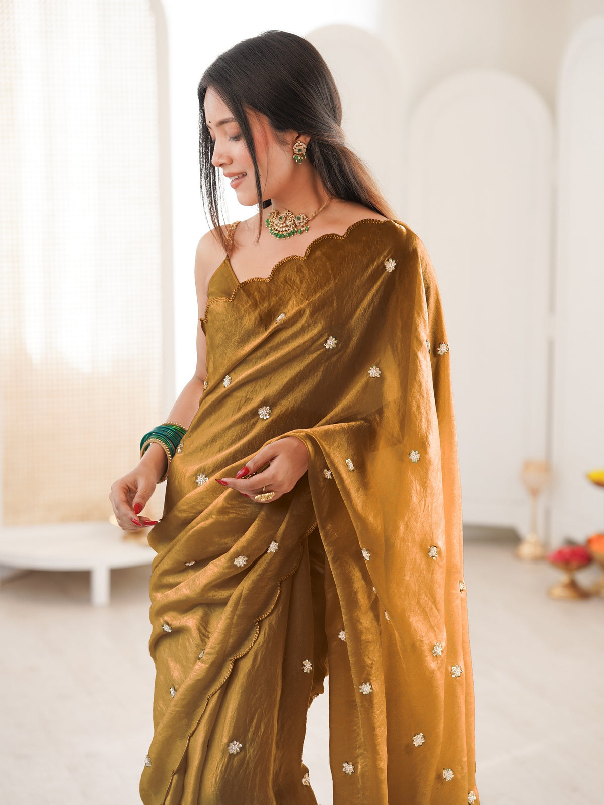 Gold satin saree view 2