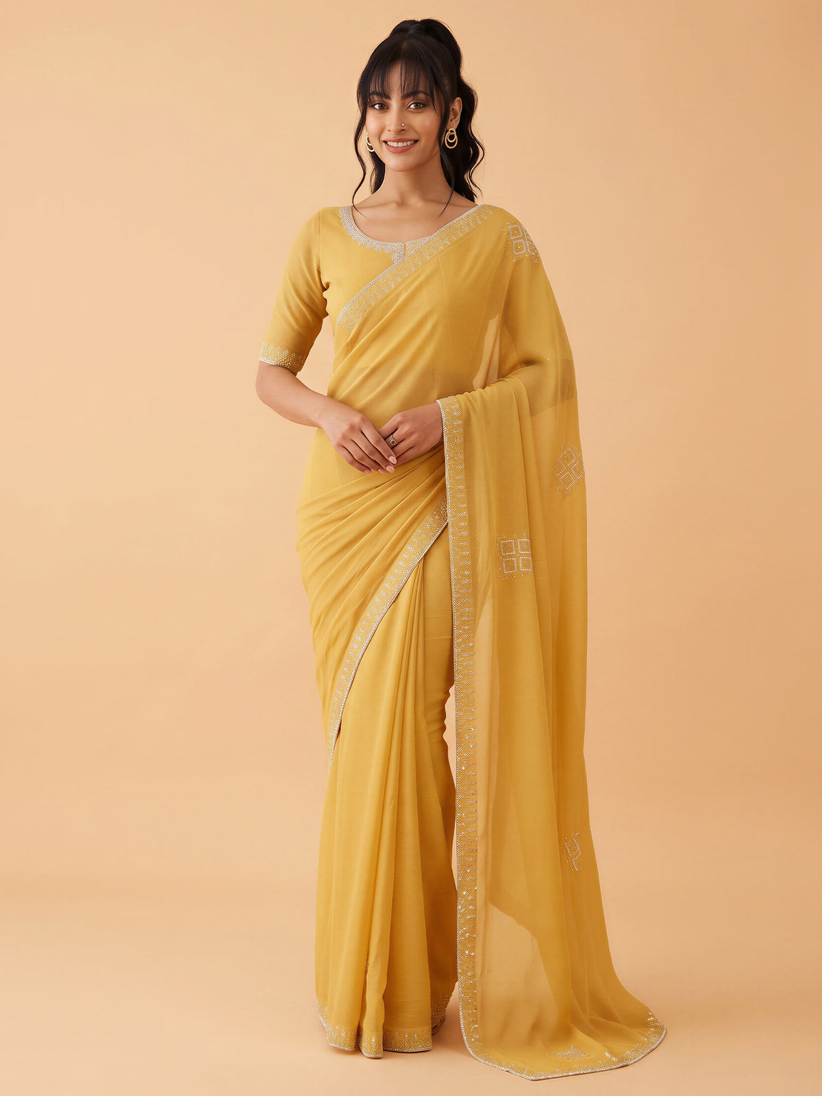 Yellow Georgette saree – detail view 3