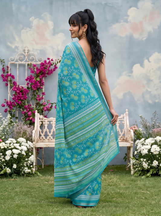 Teal Blue Crepe saree – detail view 1