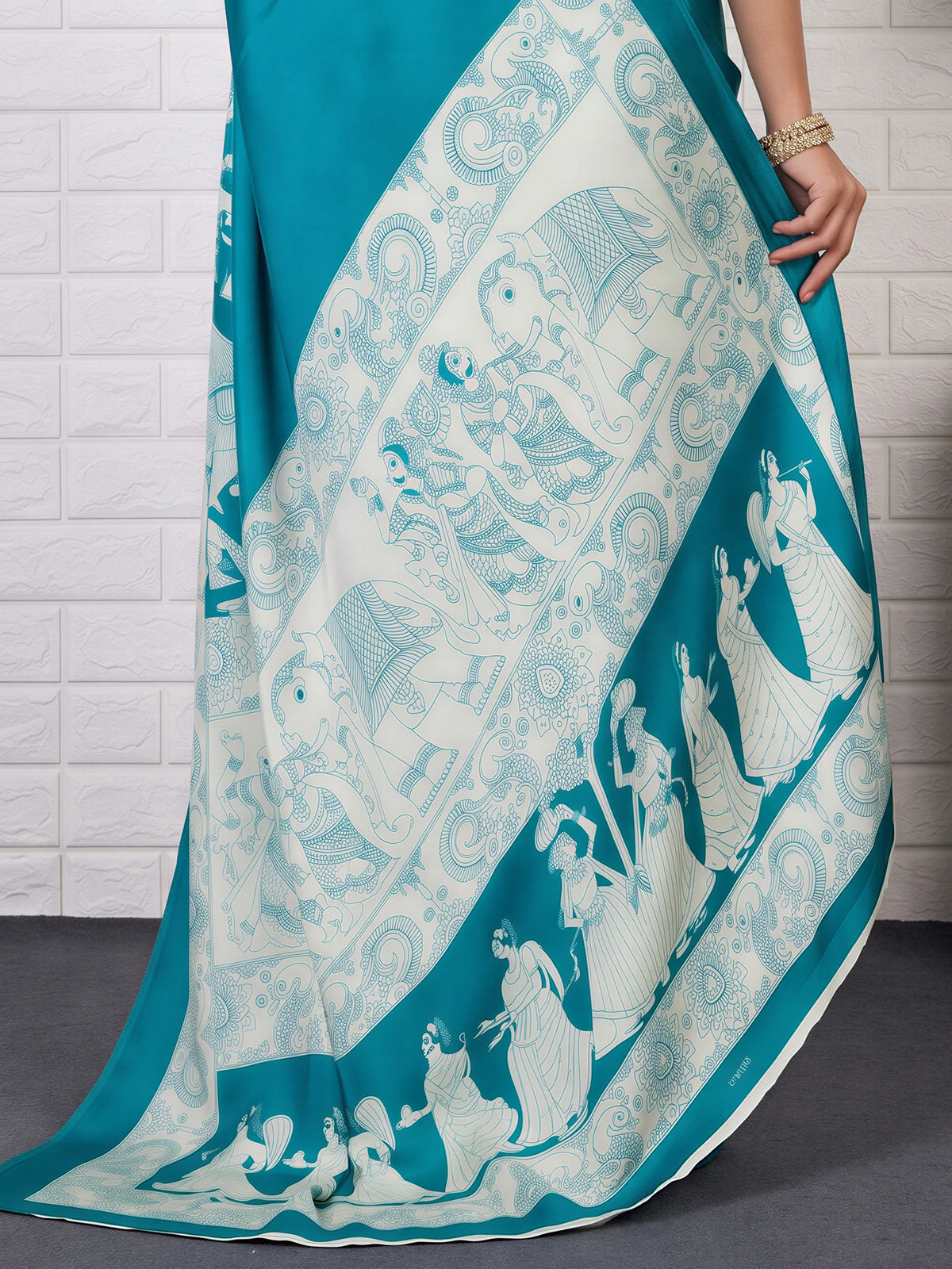 Turquoise Blue Satin saree – detail view 5