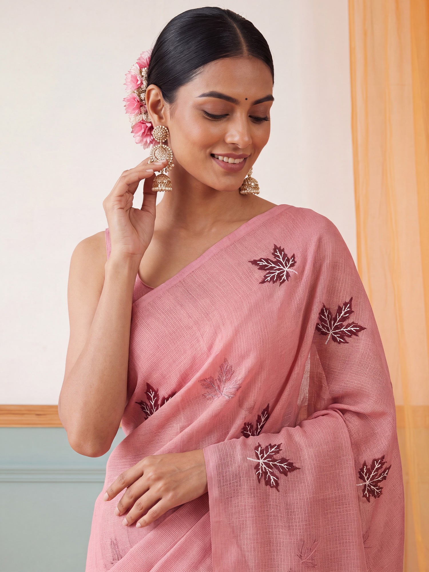 Peach Kota Doria Cotton saree – detail view 4