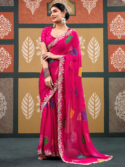 Woman wearing pink chiffon saree with bandhani tie-dye dot work and pink blouse