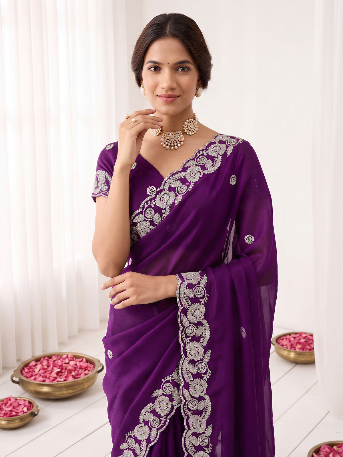 Purple Satin saree – detail view 4