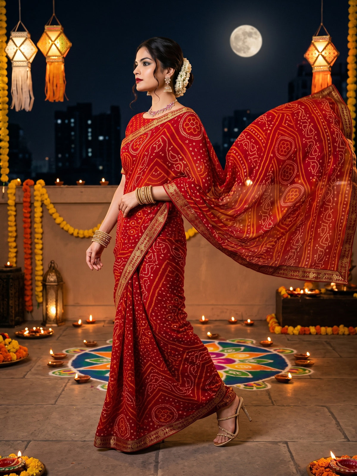 Red Chiffon saree – detail view 3