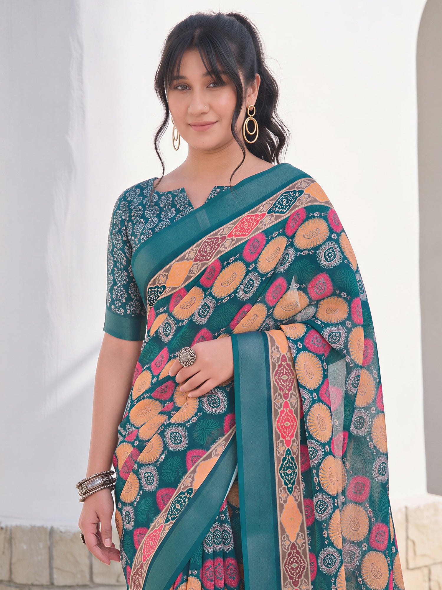 Teal Blue Cotton Linen saree – detail view 4