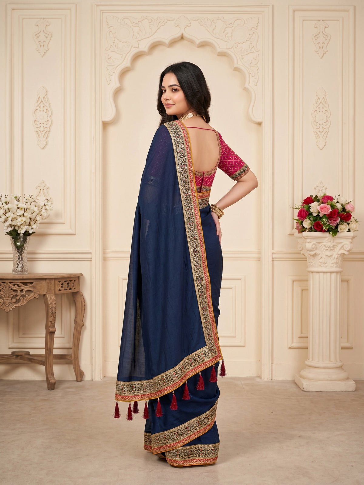 Teal Blue Vichitra Silk saree – detail view 4