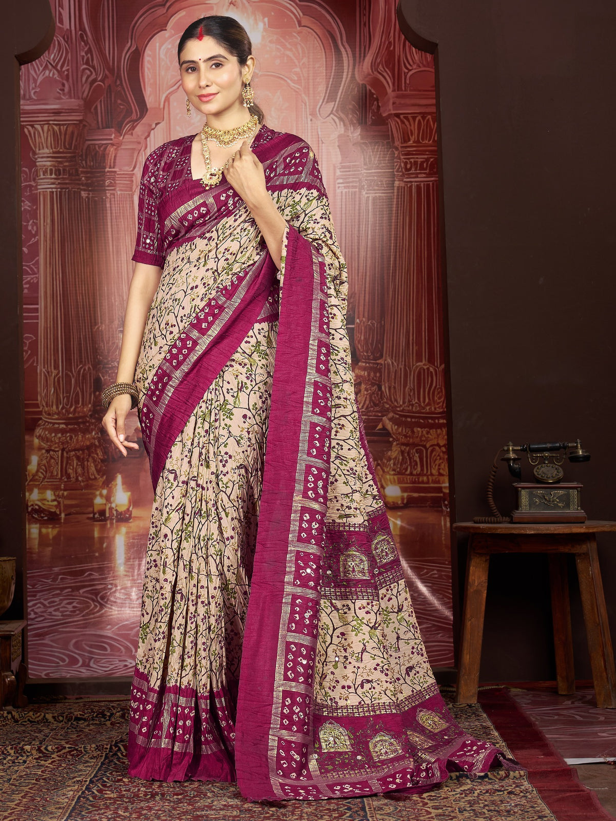 Cream ethnic motif tussar silk saree with wine blouse piece