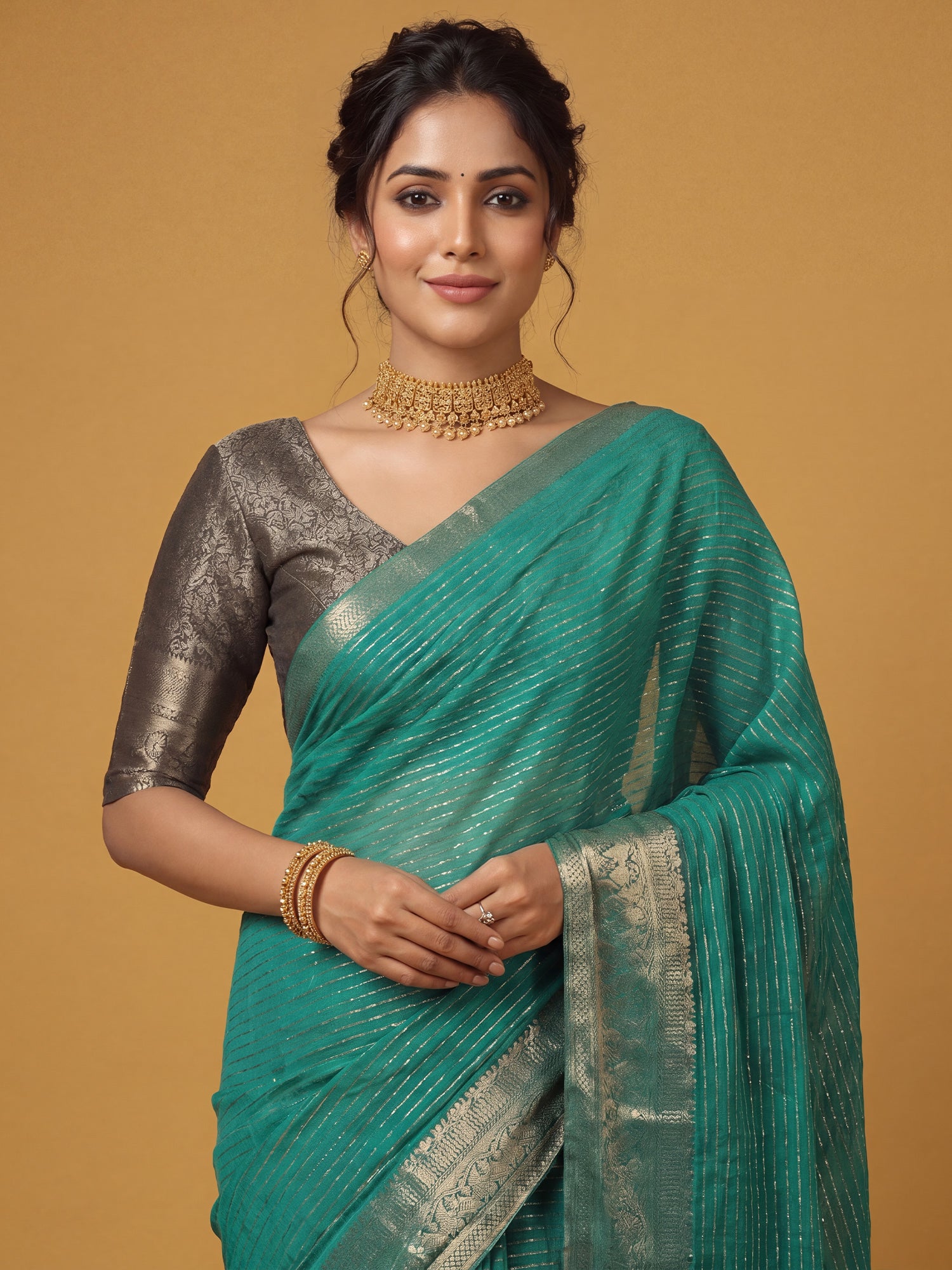 Teal Green Chiffon saree – detail view 3