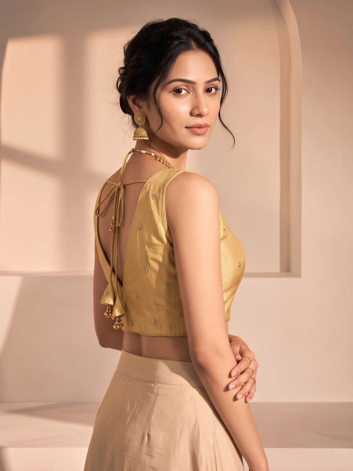 Gold sequin embellished vichitra silk sleeveless readymade saree blouse with v neck view 2