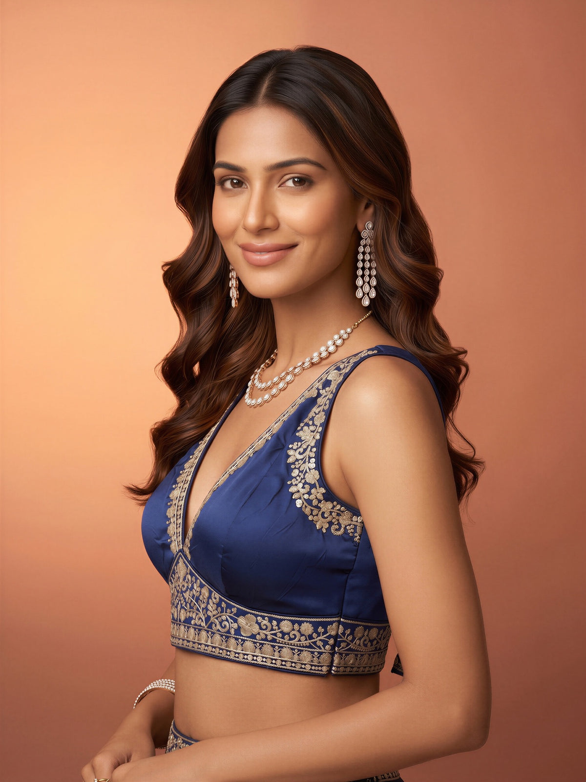 Blue sequin embellished silk blend sleeveless readymade saree blouse with deep v neck view 2