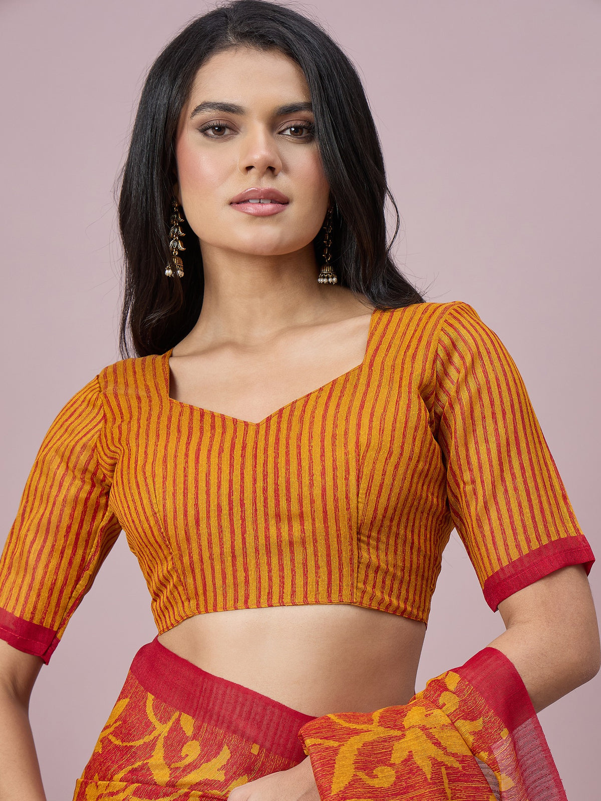 Mustard cotton slub saree view 1