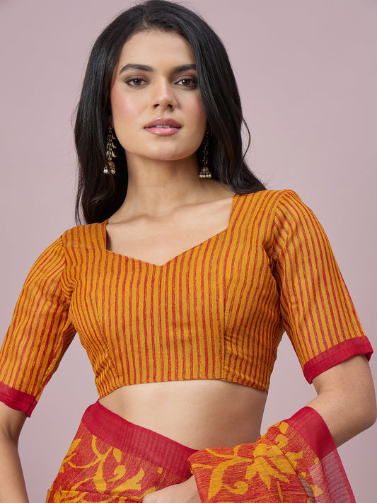 Mustard cotton slub saree view 1