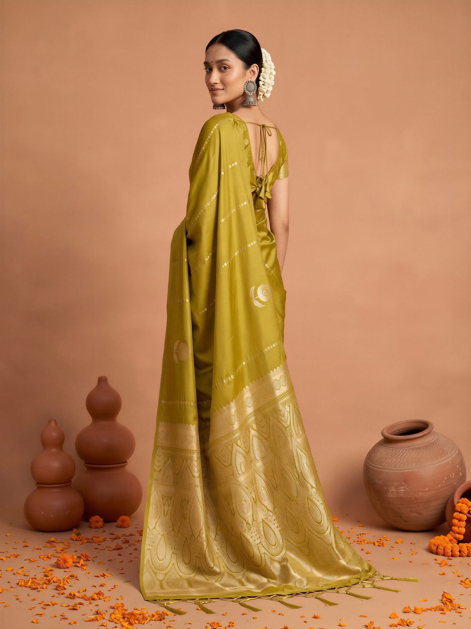 Mustard Satin Silk saree – detail view 1