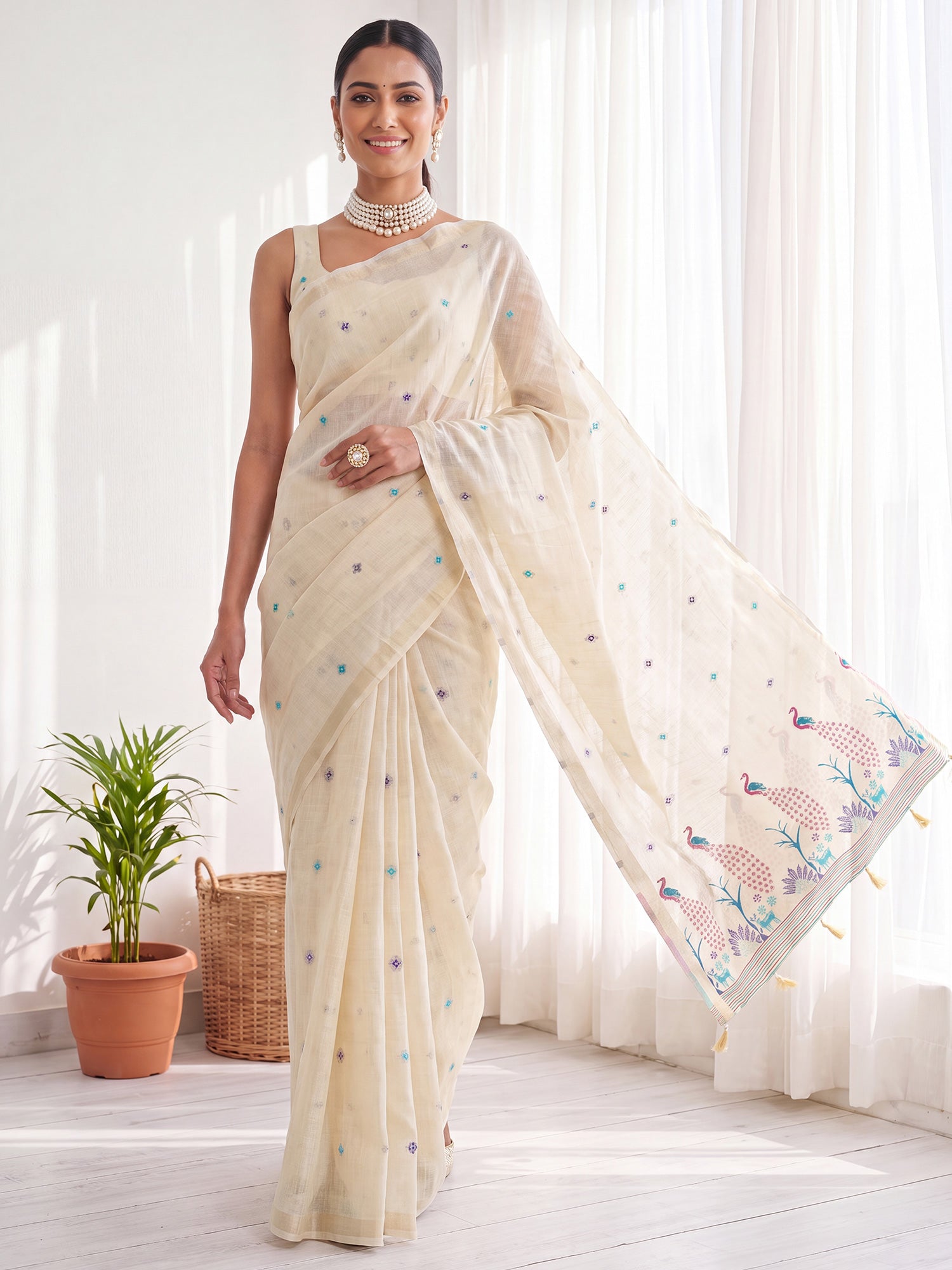 Cream Cotton Linen saree – detail view 3