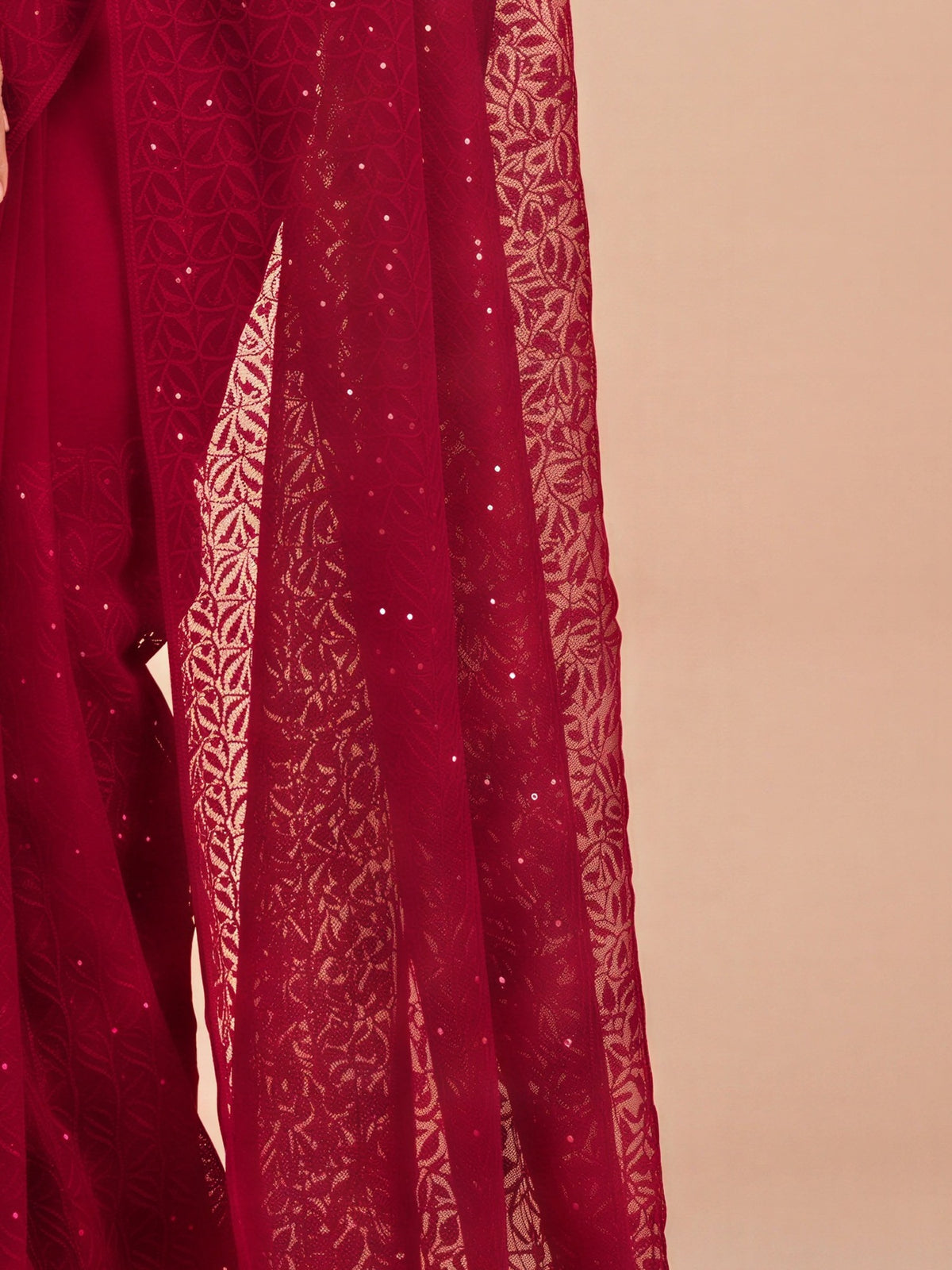 Pallu detail of maroon net saree showing embroidered motif work and embellished border