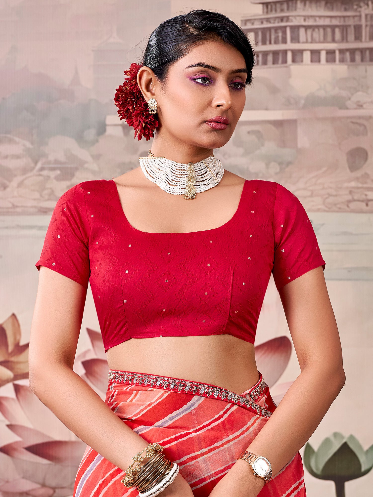 Unstitched red georgette blouse piece with zari butta design